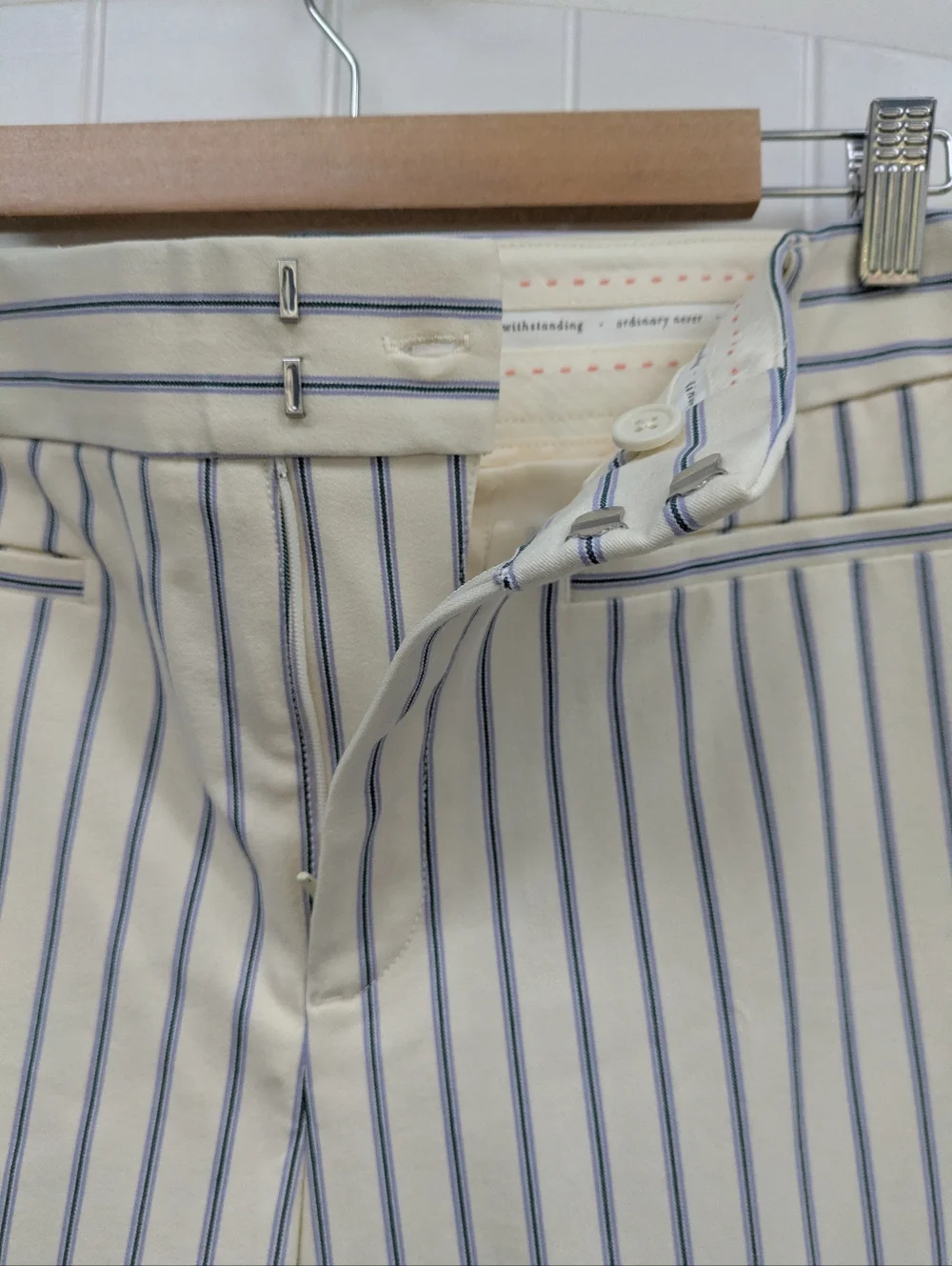 Anthropologie Essential Slim Cream Trousers with Blue & Lavender Pinstripes - Picture 6 of 10